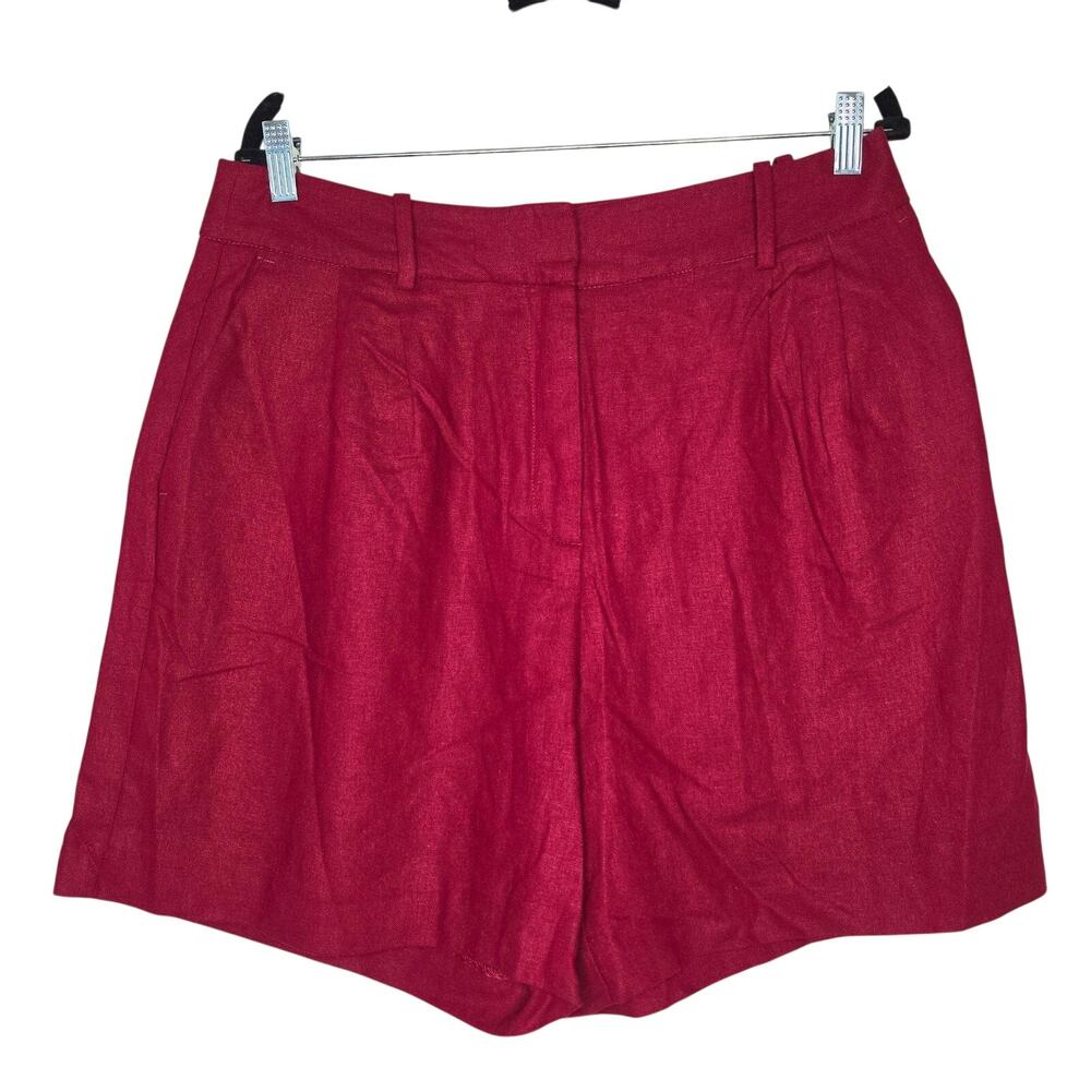Zara Shorts Womens XL Red Linen Blend Pleated Chino Zip Pockets Summer Casual